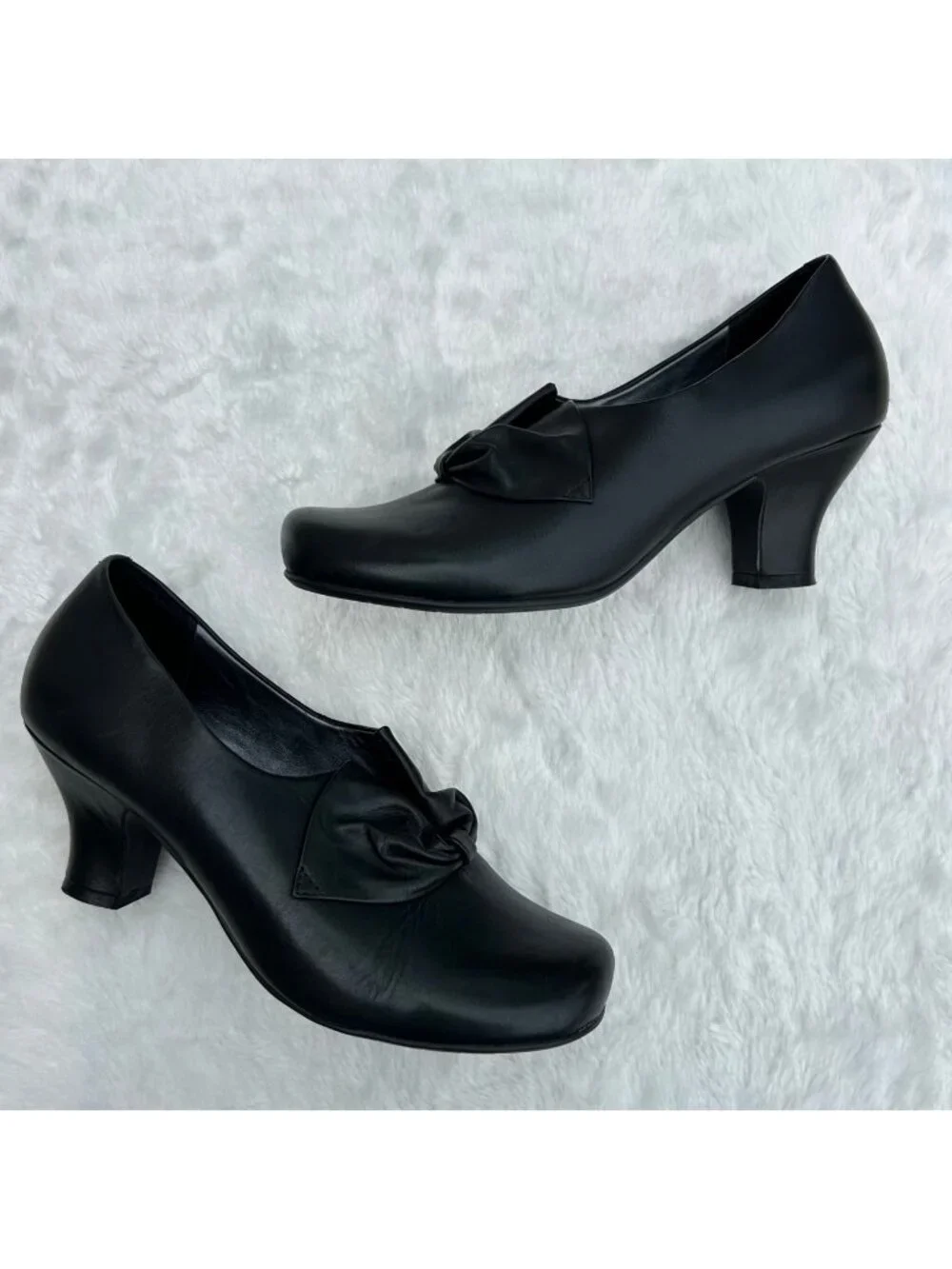 hotter Black Leather Mid Heel Pumps with Bow Accent